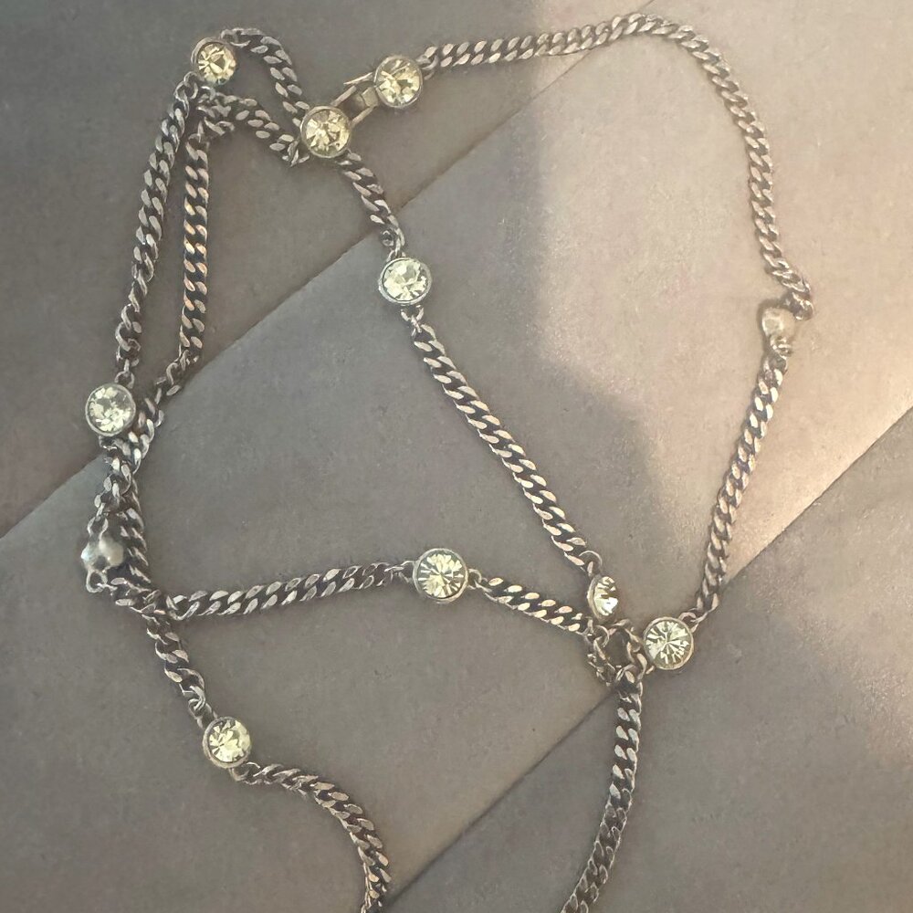 Givenchy Hematite Rhinestone Long Gunmetal Chain Necklace